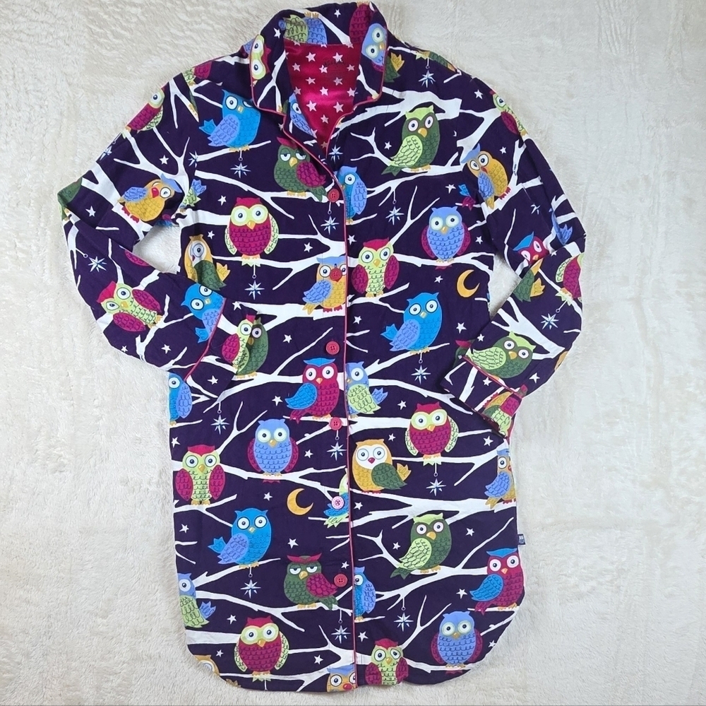 Nick & Nora Nightgown Sz. M Purple Owls Button Up Flannel Pajamas Sleep Shirt